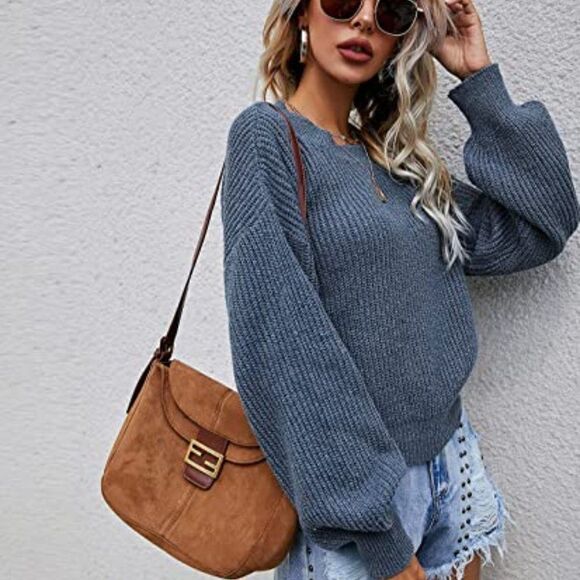 Women's Casual Long Sleeve V Neck Drop Shoulder Solid Sweater Tops - Picture 3 of 5